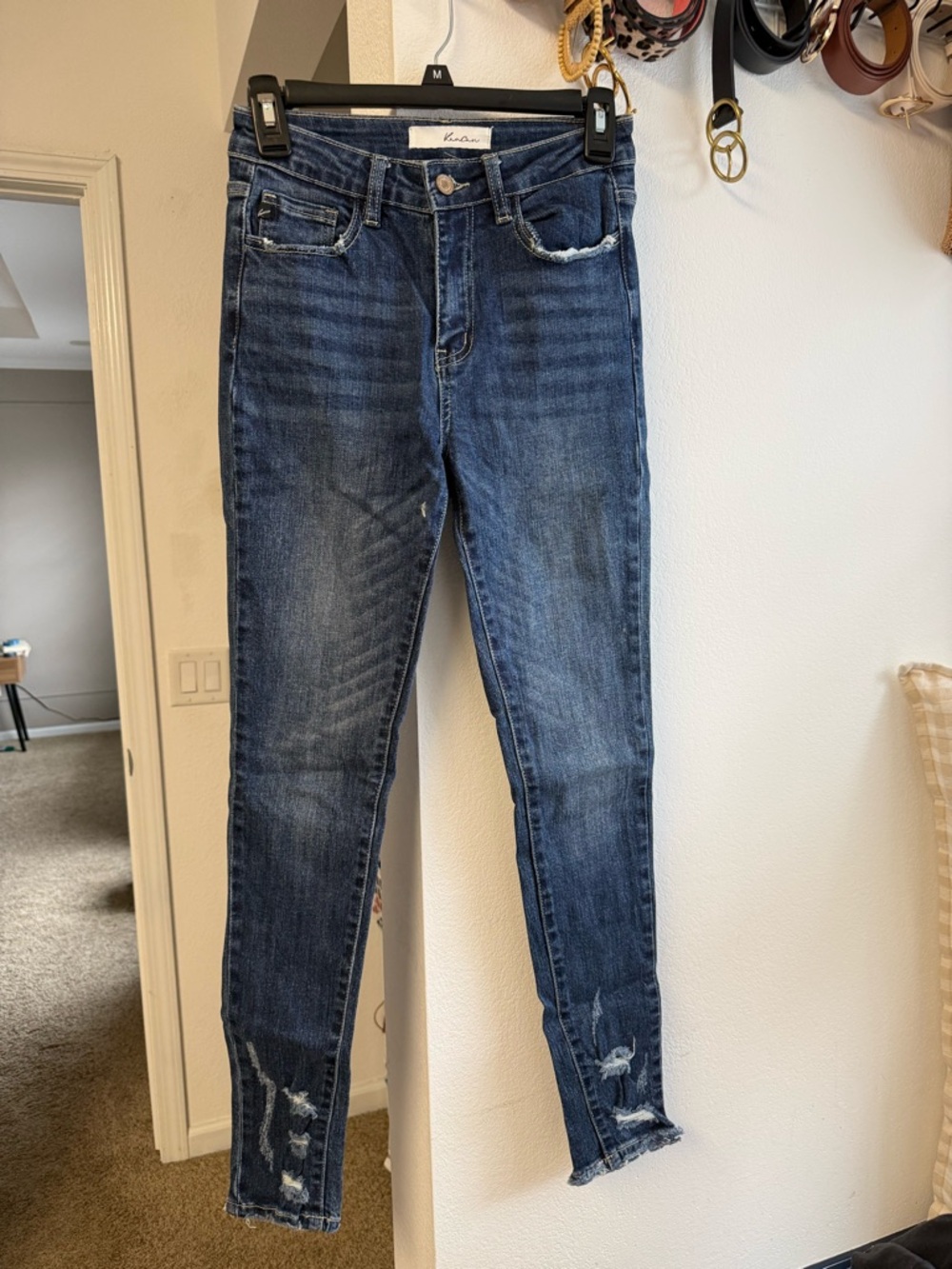 KanCan Dark Blue Skinny Jeans with Distressed Ankles